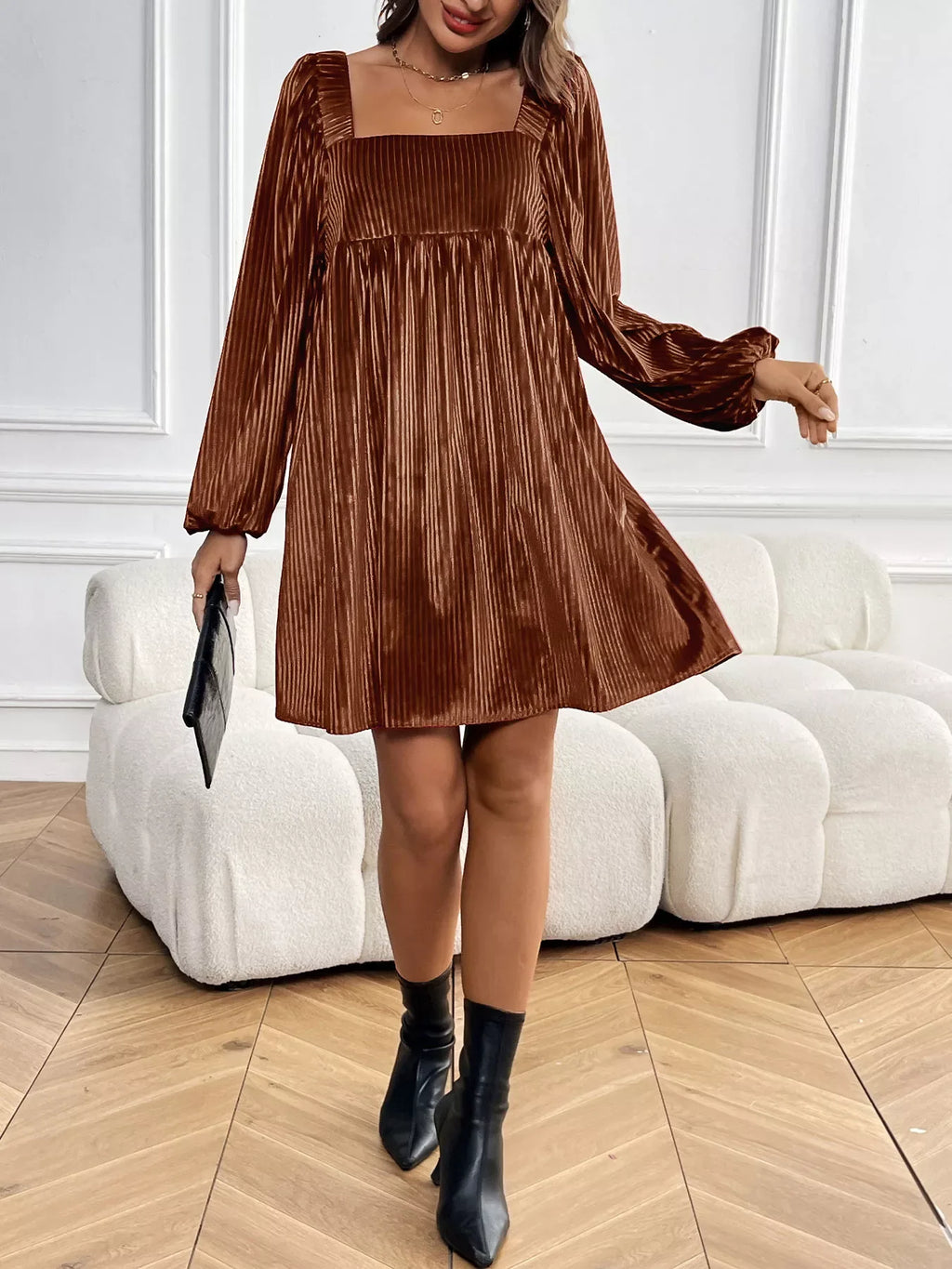 Textured Velvet Square Neck Long Sleeve Dress Bazaare Mart Long Sleeve Square Neck Velvet Dress