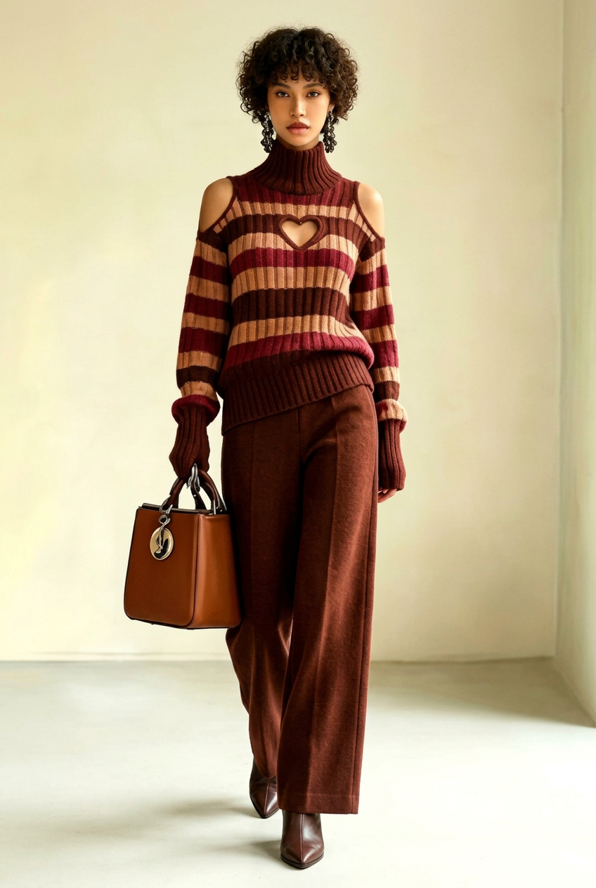 Striped Heart-Cutout Sweater and Wide-Leg Pants Set