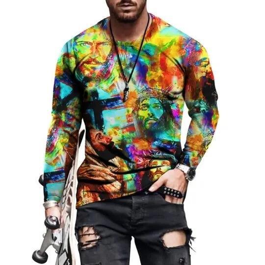 Men’s Geometric Print Long Sleeve T-Shirt – Slim Fit Casual Crew Neck Tee | Modern Graphic Shirts 7Color CJ Dropshipping Abstract Long Sleeve Tee