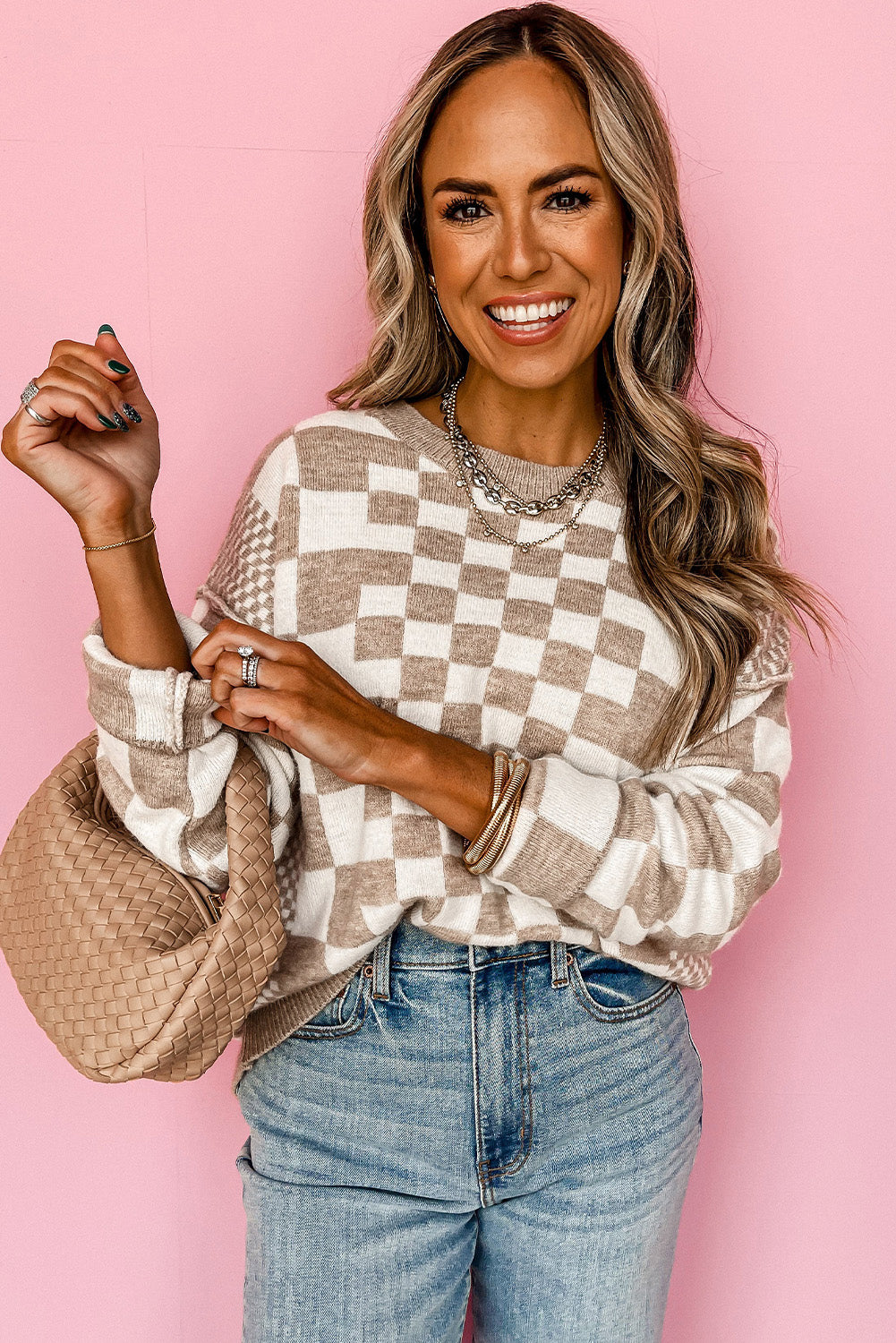 Khaki Checkered Drop Shoulder Round Neck Sweater