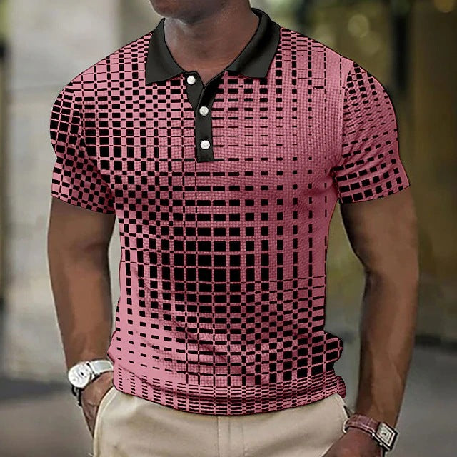 Men's Casual Short-Sleeve Plaid Polo Shirt Pink Plaid CJ Dropshipping Striped Polo Shirt