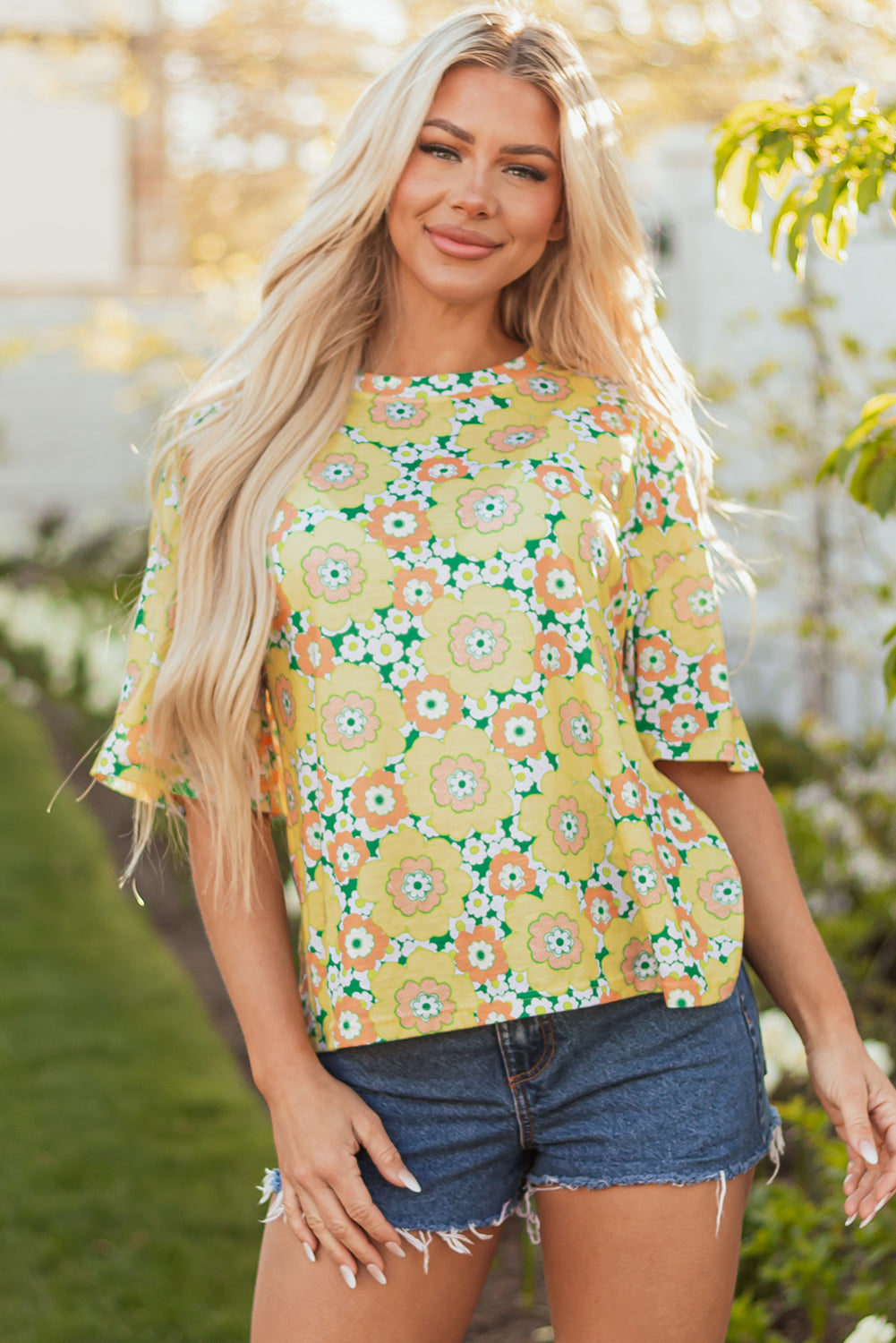 Yellow Summer Flower Printed Drop Shoulder Loose T Shirt Dear-Lover Dropshipping Tops/Tops & Tees
