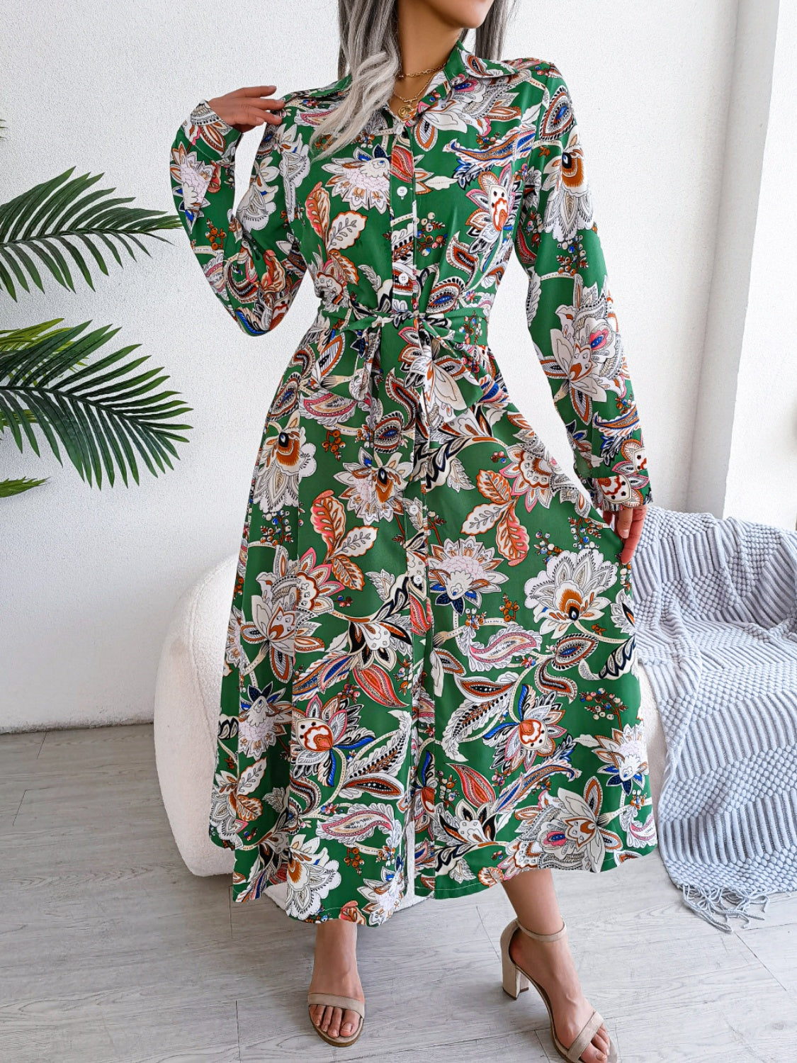 Tied Floral Long Sleeve Midi Dress