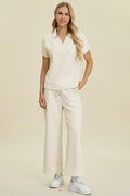 Double Take Full Size Collared Neck Short Sleeve Top and Pants Set Cream Bazarre Mart Polo Pants Set