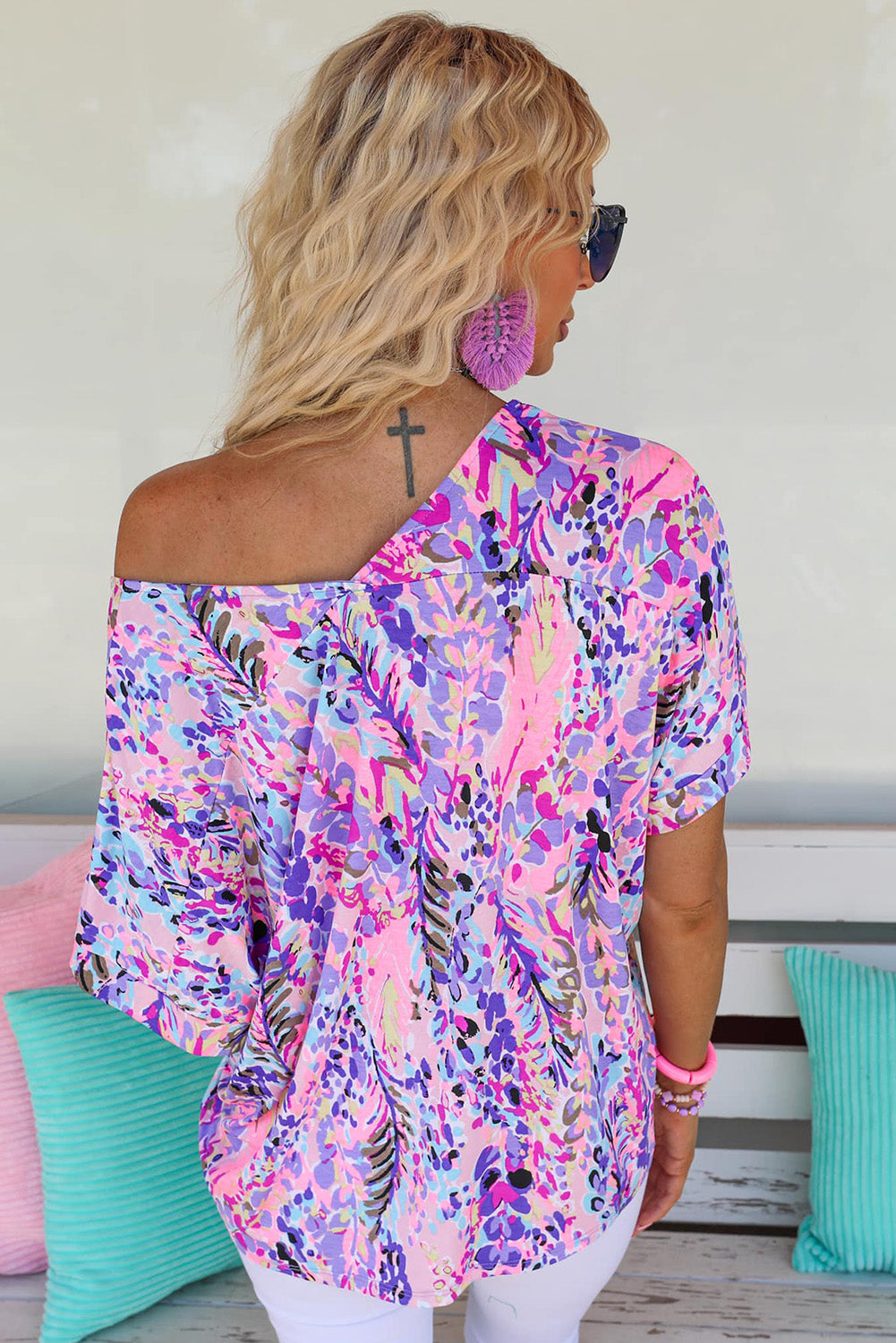 Multicolor Printed 3/4 Sleeve Split Neck Plus Size Tunic Top