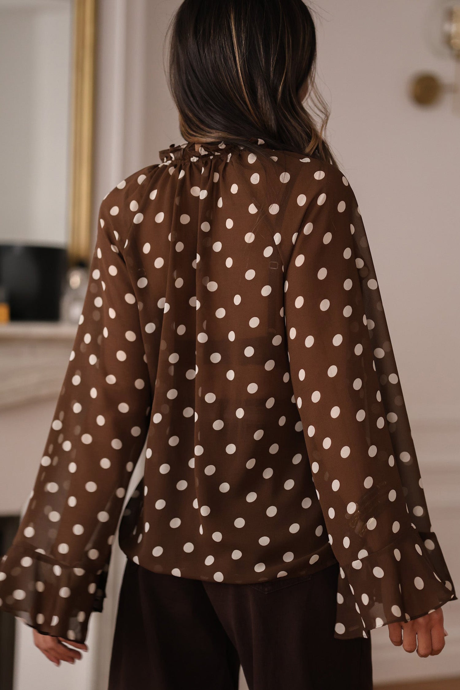 Coffee Polka Dot Ruffle Trim V Neck Long Bell Sleeve Blouse Shewin Blouses & Shirts