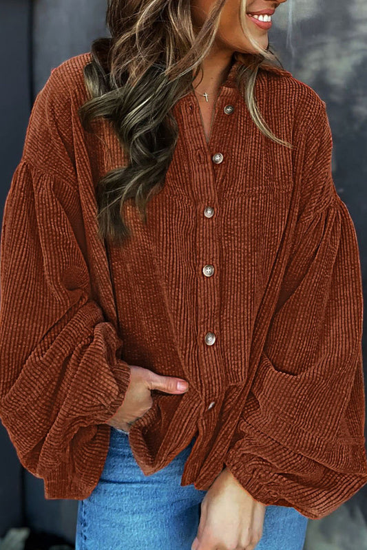 Coffee Corduroy Puff Sleeve Shacket