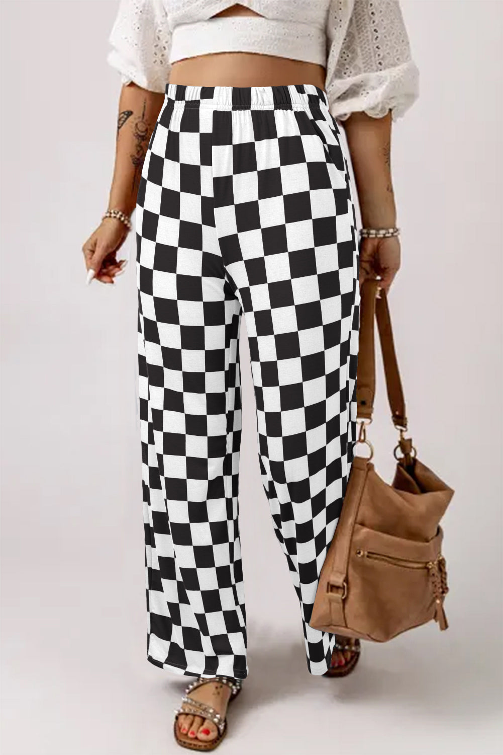 B&W Checkered Print High Waist Wide Leg Pants