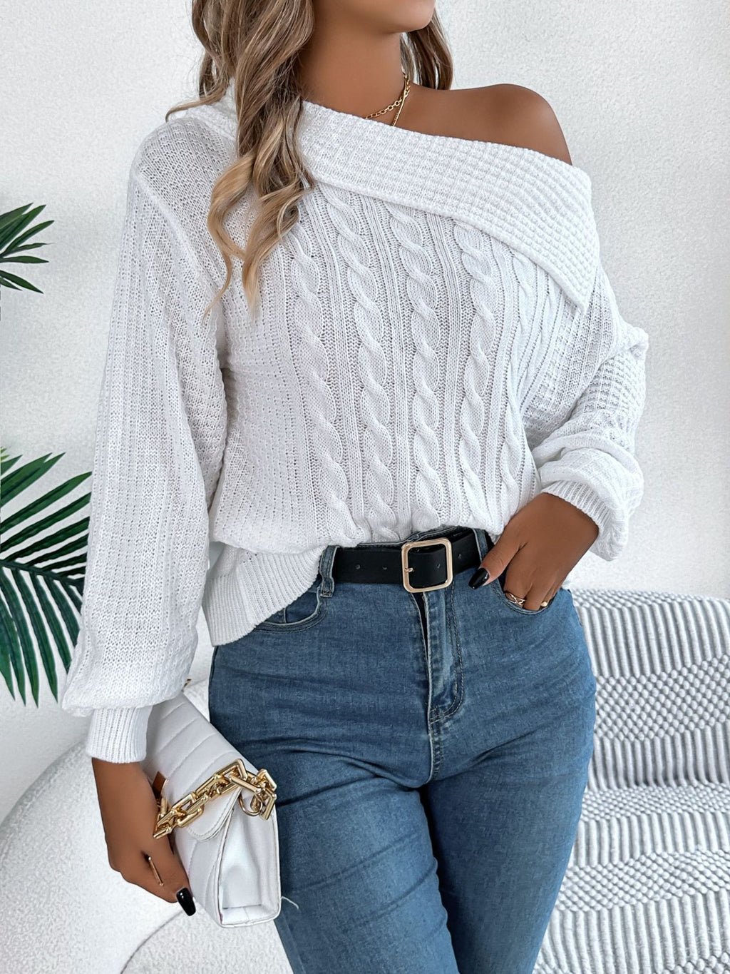 Cable-Knit Off Shoulder Long Sleeve Sweater