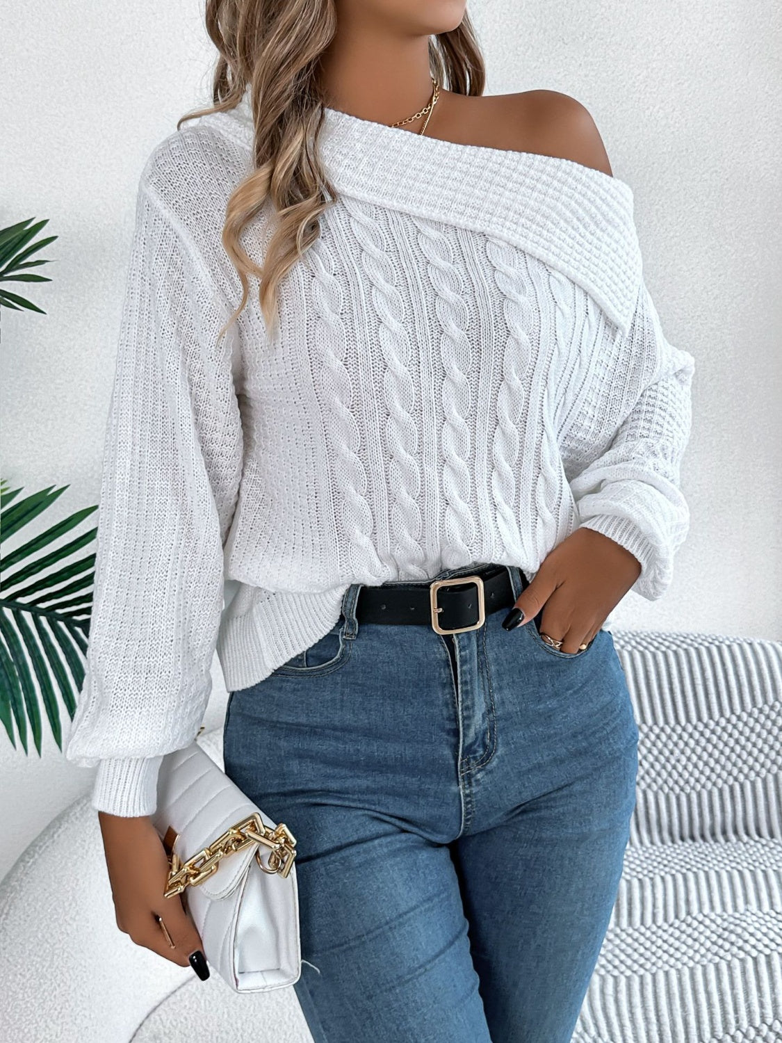 Cable-Knit Off Shoulder Long Sleeve Sweater