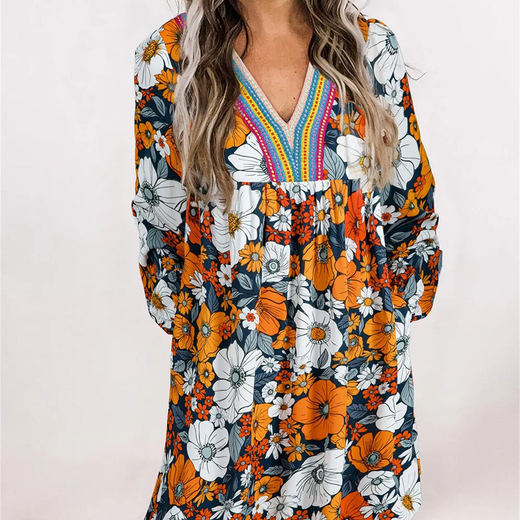 Orange Floral Boho Striped V Neck Long Sleeve Dress