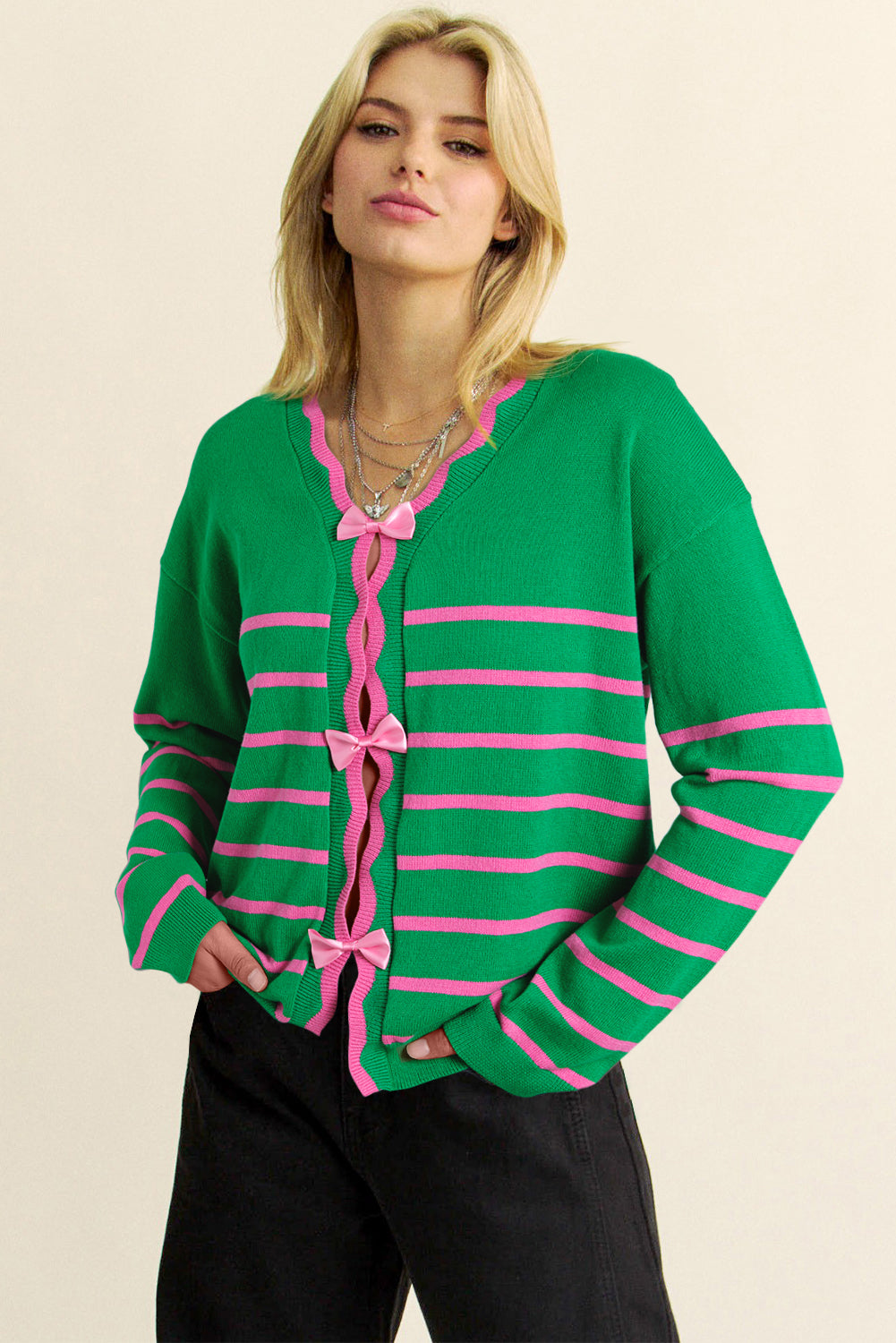 Green Stripe Bow Detail Cardigan