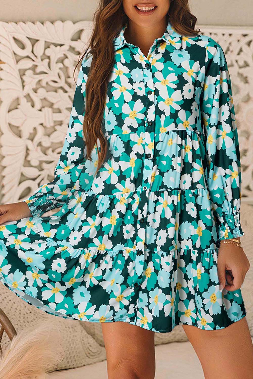 Green Floral Long Sleeve Shirt Dress