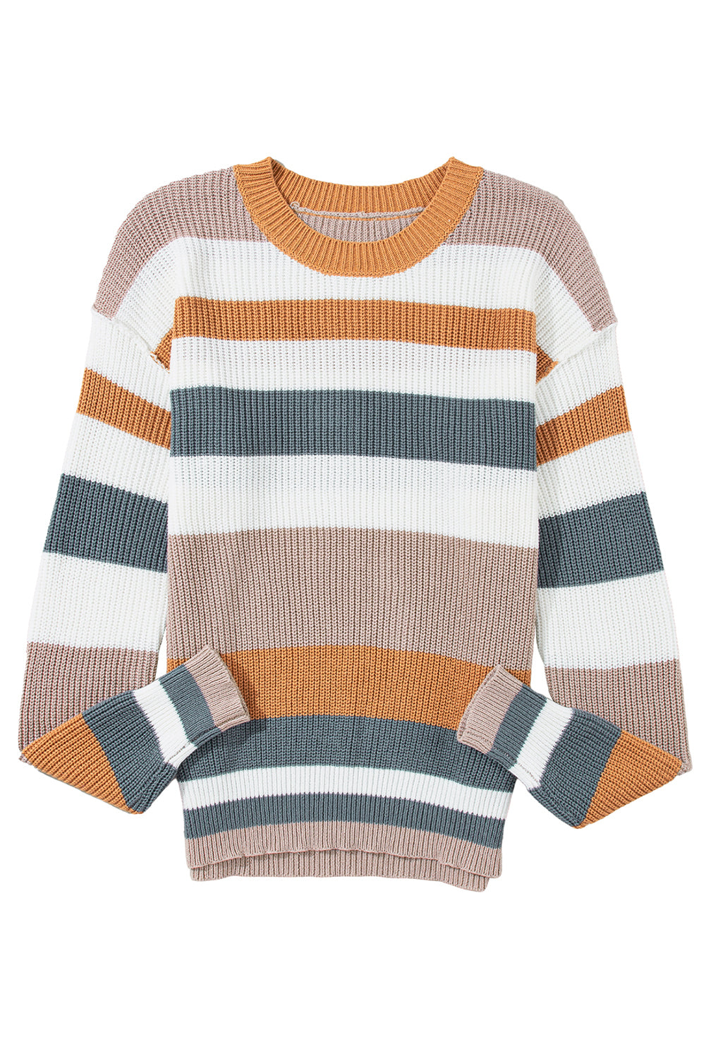 Taupe Classic Round Neck Colorblock Knit Sweater