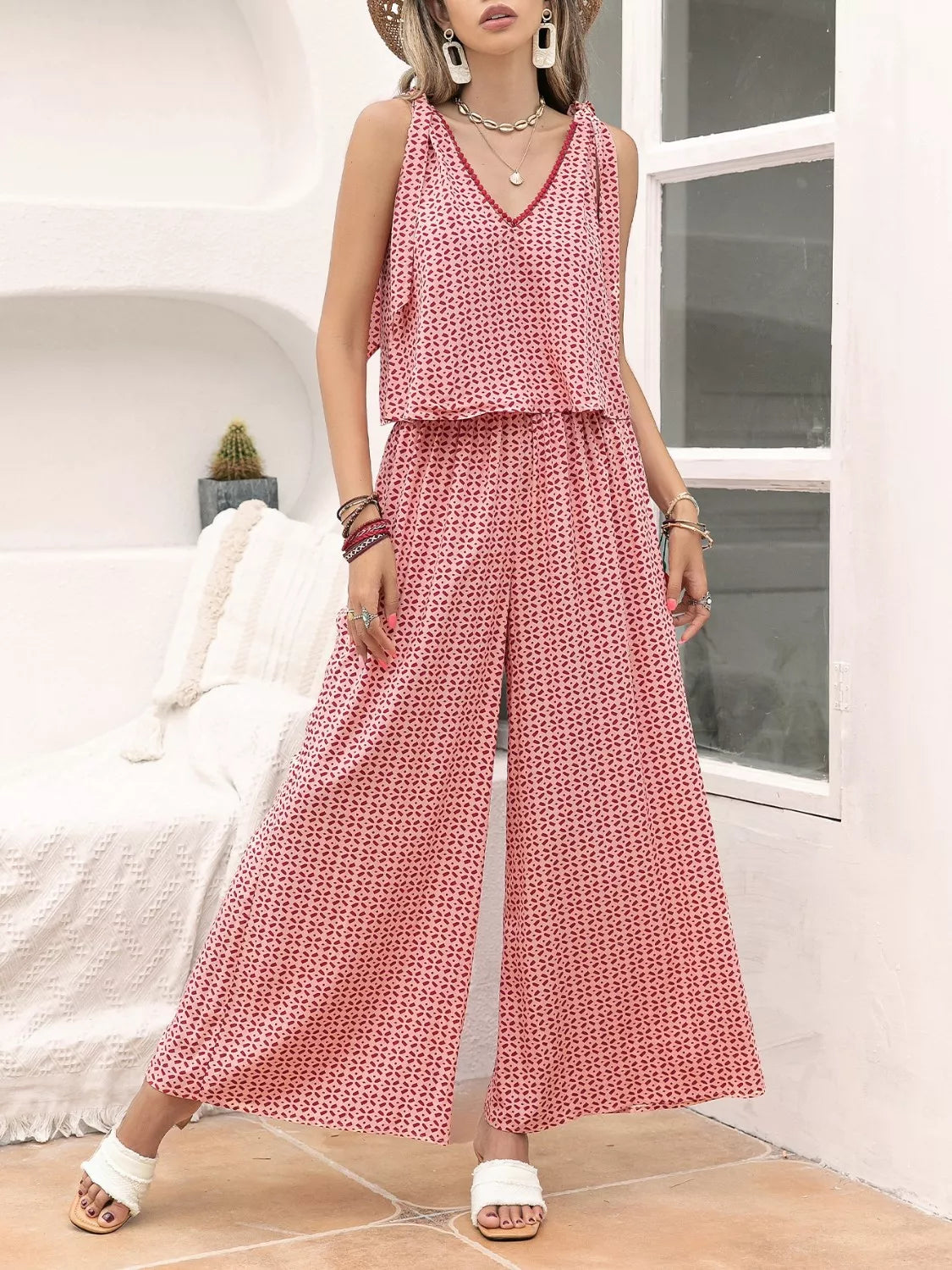 Gingham Tie Shoulder Top and Pants Set Scarlet Trendsi Gingham Tie Shoulder Top and Pants Set