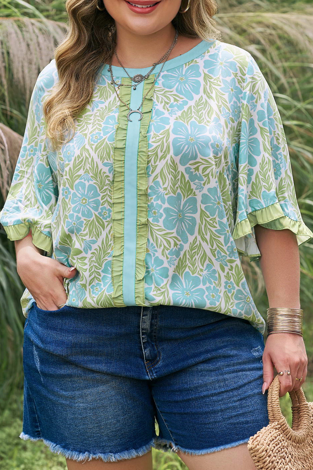 Plus Size Floral Blouse – Sky Blue Frilled Sleeve Color Block Trim Top Dear-Lover Dropshipping Plus Size/Plus Size Tops/Plus Size Blouses & Shirts