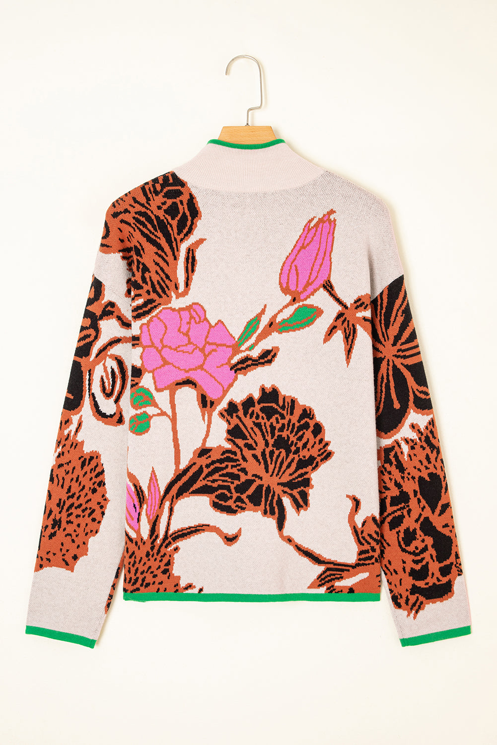 Khaki Floral Pattern Knit Quarter Zip Stand Neck Sweater