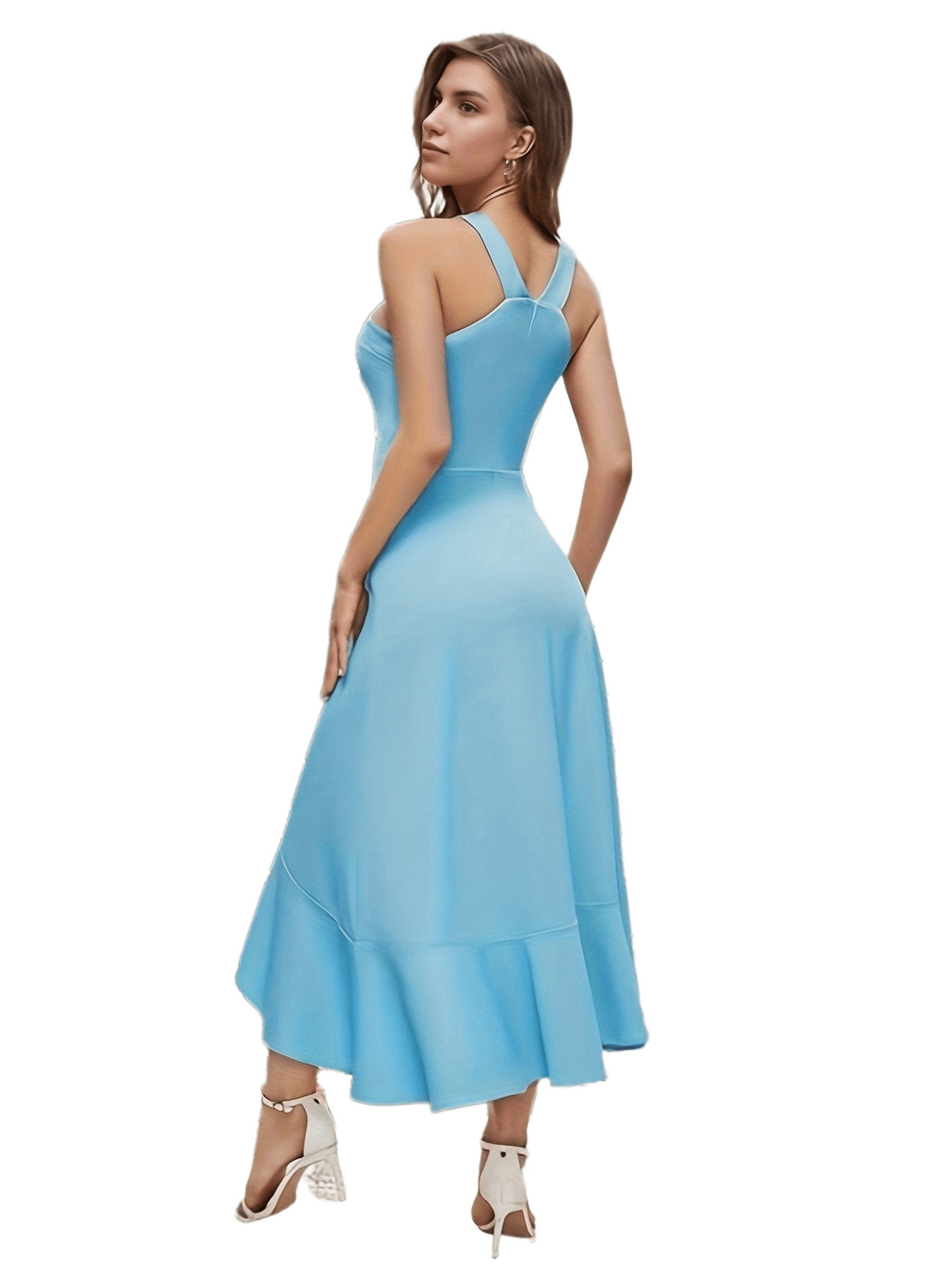 Asymmetric Wrap Ruffle Sleeveless V-Neck Bridesmaid Dress`