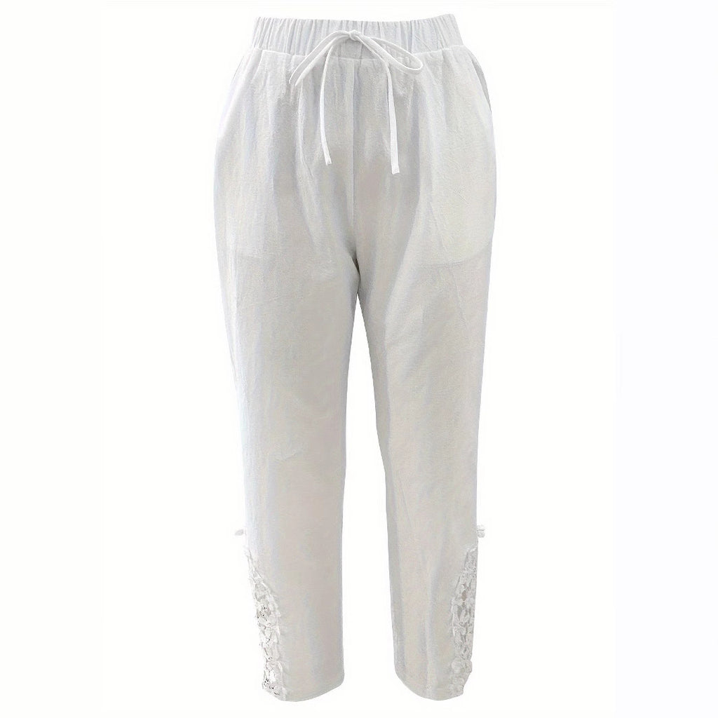 Women’s Lace Cutout Drawstring Straight Pants – Casual Wide Leg Lounge Trousers CJ Dropshipping Light White Cotton Pants
