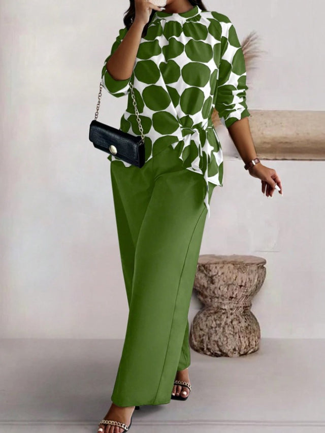 Green Polka Dot Long Sleeve Top & Wide Leg Pants Set