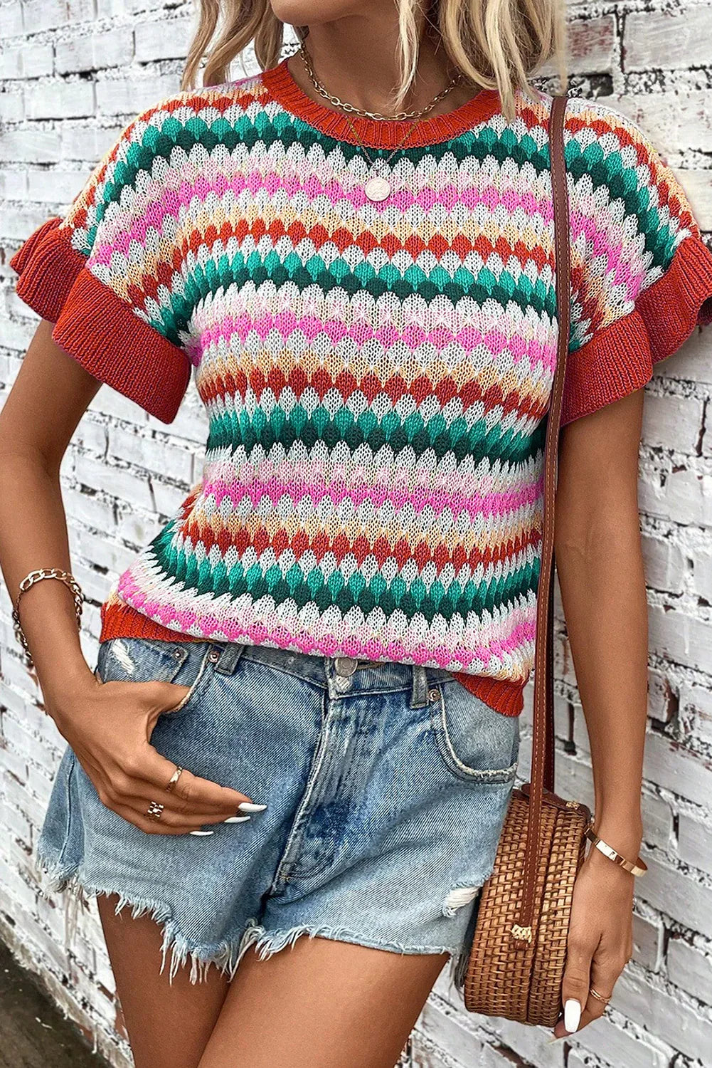 Fiery Red Trimmed Ruffle Sleeve Colorful Textured Sweater Dear-Lover Dropshipping Sweaters & Cardigans/Short Sleeve Sweaters
