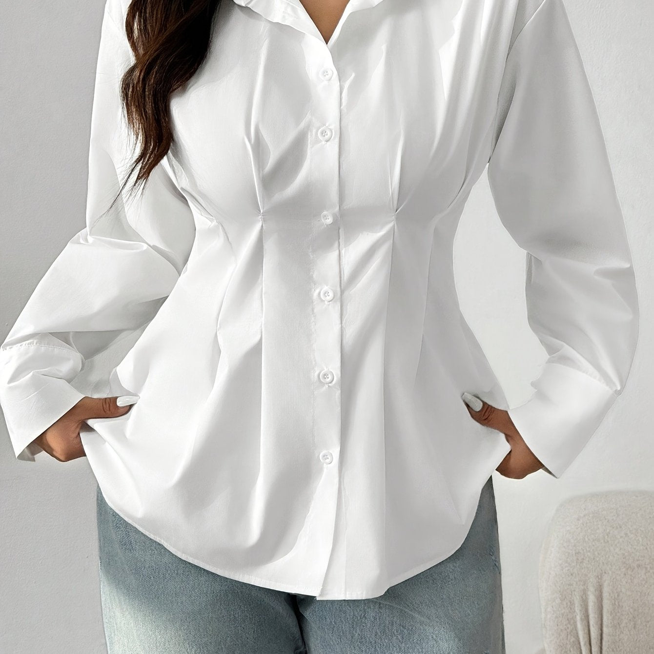Women's Long Sleeve Button Up Cinched Waist Blouse