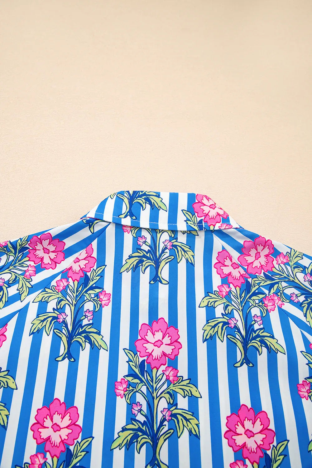 Blue Striped Floral Print Buttoned Cuffs Loose Fit Shirt Bazaare Mart Tops/Blouses & Shirts