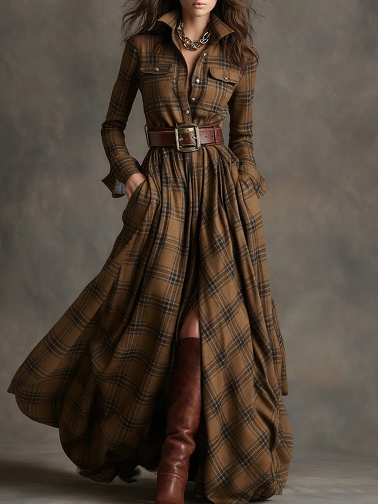 Plaid Long Sleeve Button Up Maxi Dress
