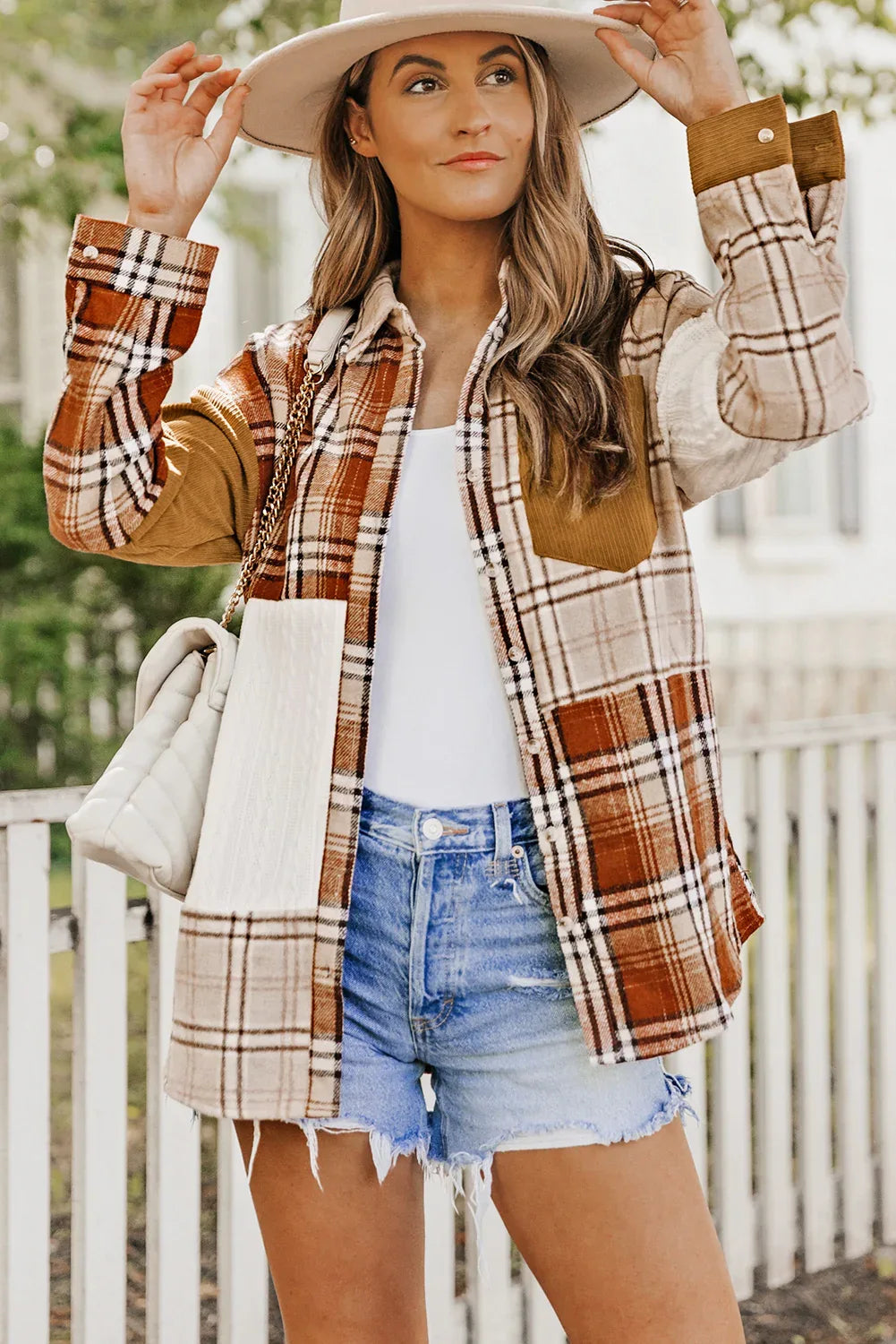 Orange Plaid Color Block Patchwork Shacket with Pocket Bazaare Mart Outerwear/Plaid Shackets