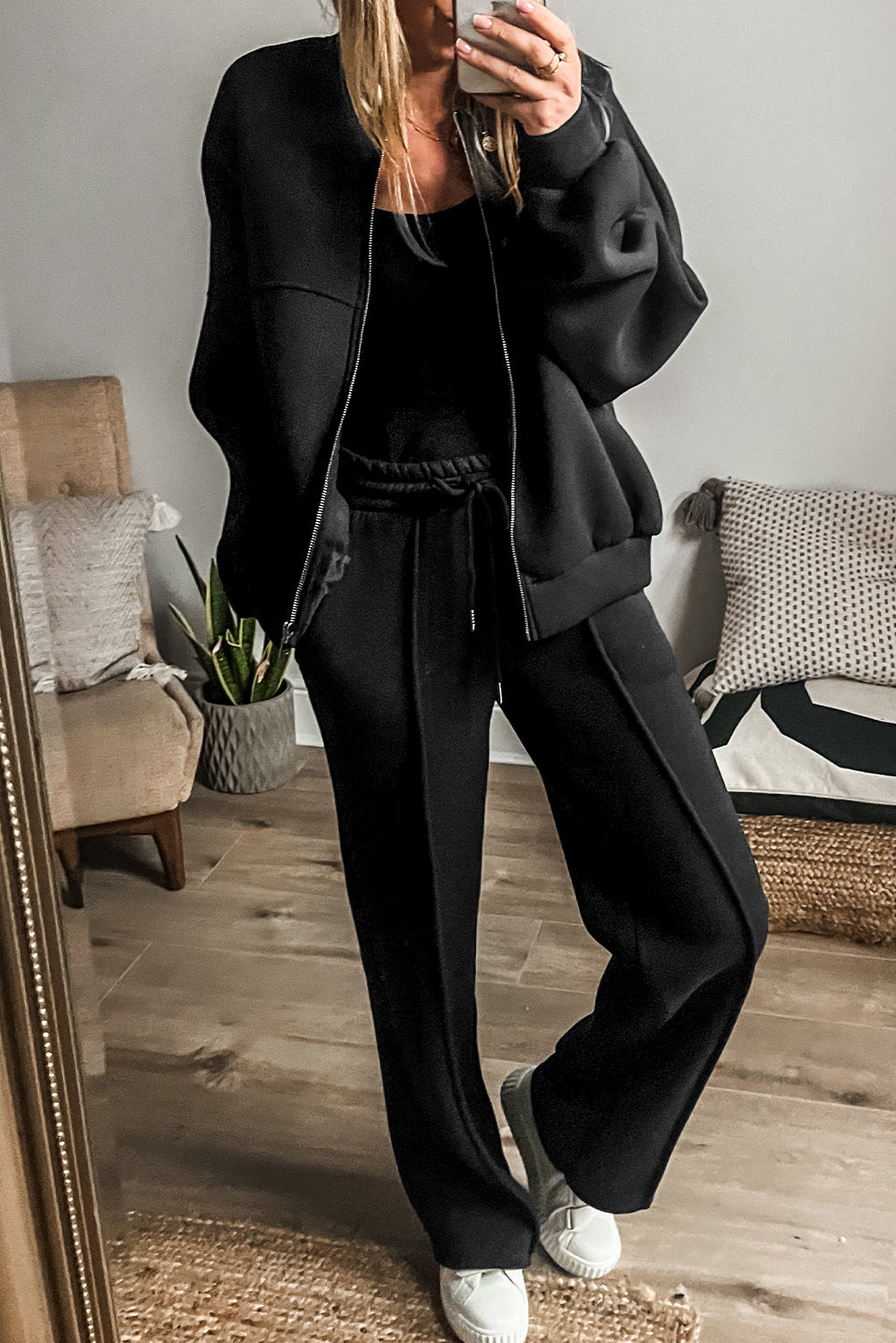 Black Zipper Jacket Drawstring Waist Pants Set