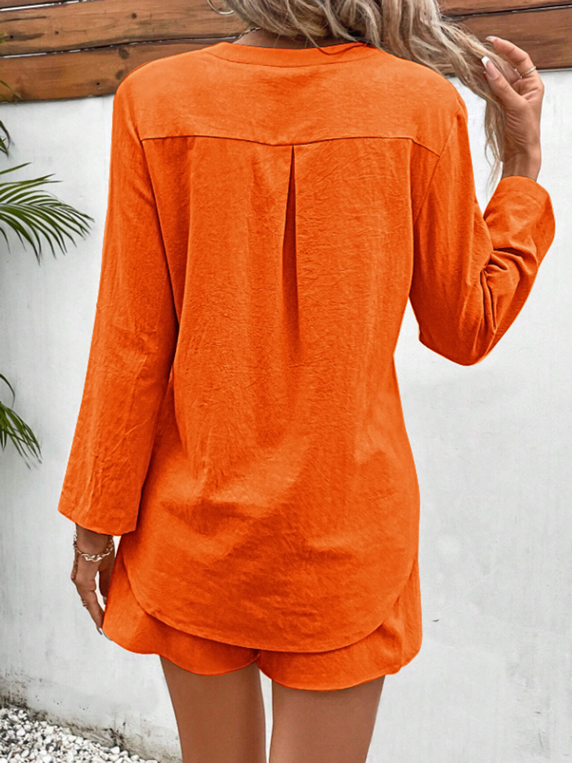 Rolled Long Sleeve Top and Drawstring Shorts Set