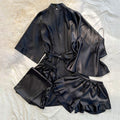 Silky 4-Piece Pajama Set for Women – Satin Cami, Robe, Shorts & Pants Sleepwear Set Black CJ Dropshipping Four-piece PJ Set