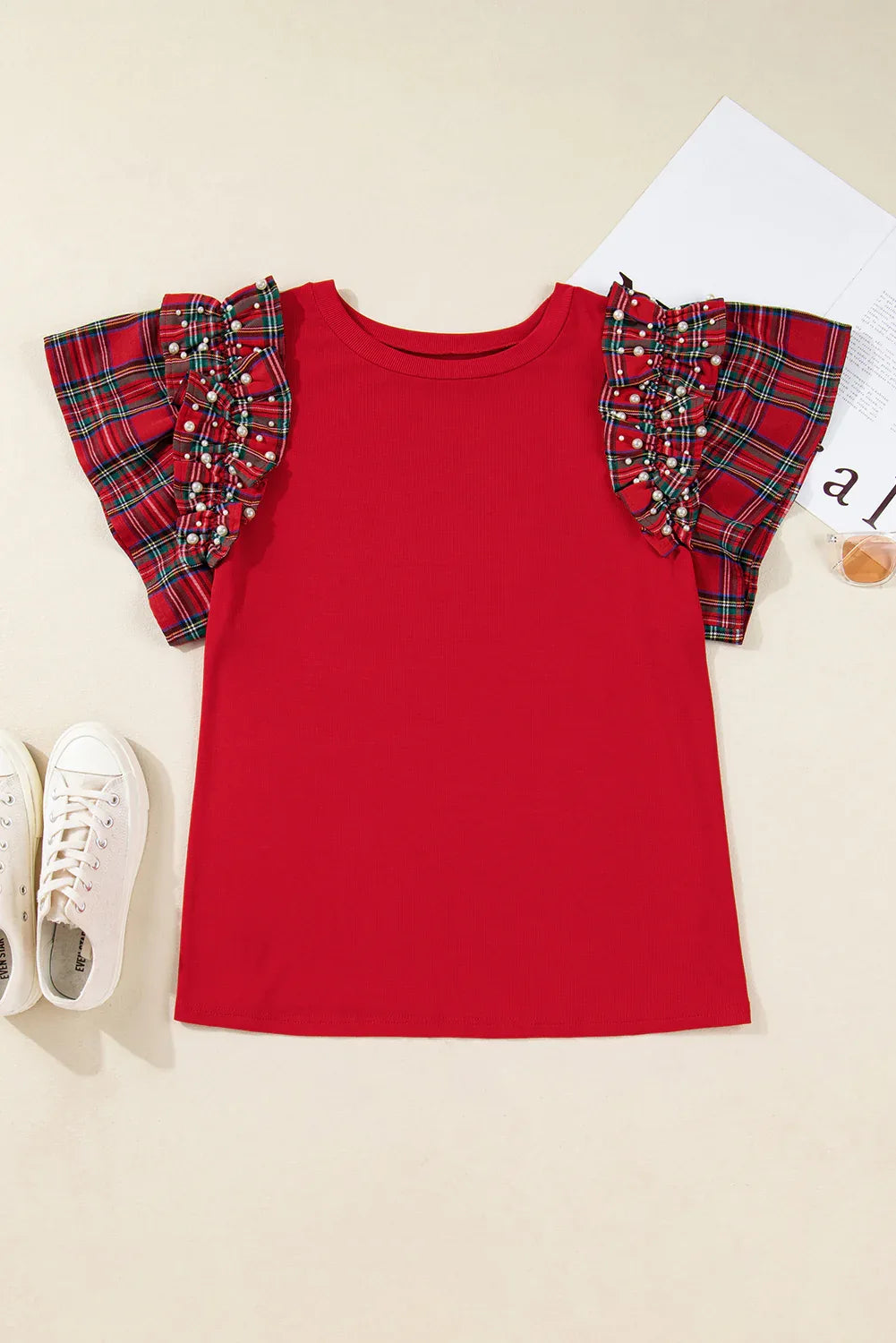 Red Plaid Pearl Ruffled Short Sleeve T-shirt Bazaare Mart Plus Size/Plus Size Tops/Plus Size Blouses & Shirts