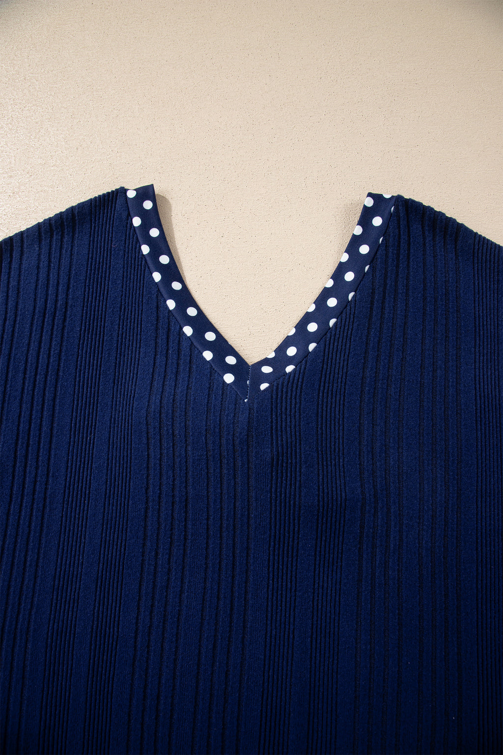 Dirty blue Polka Dot Trimmed V Neck Bow Tie Textured Ribbed Top Dear-Lover Dropshipping Tops/Long Sleeve Tops