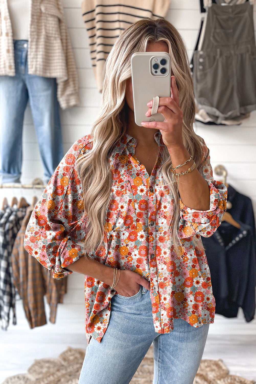 Multicolor Floral Print Chest Pocket Casual Shirt