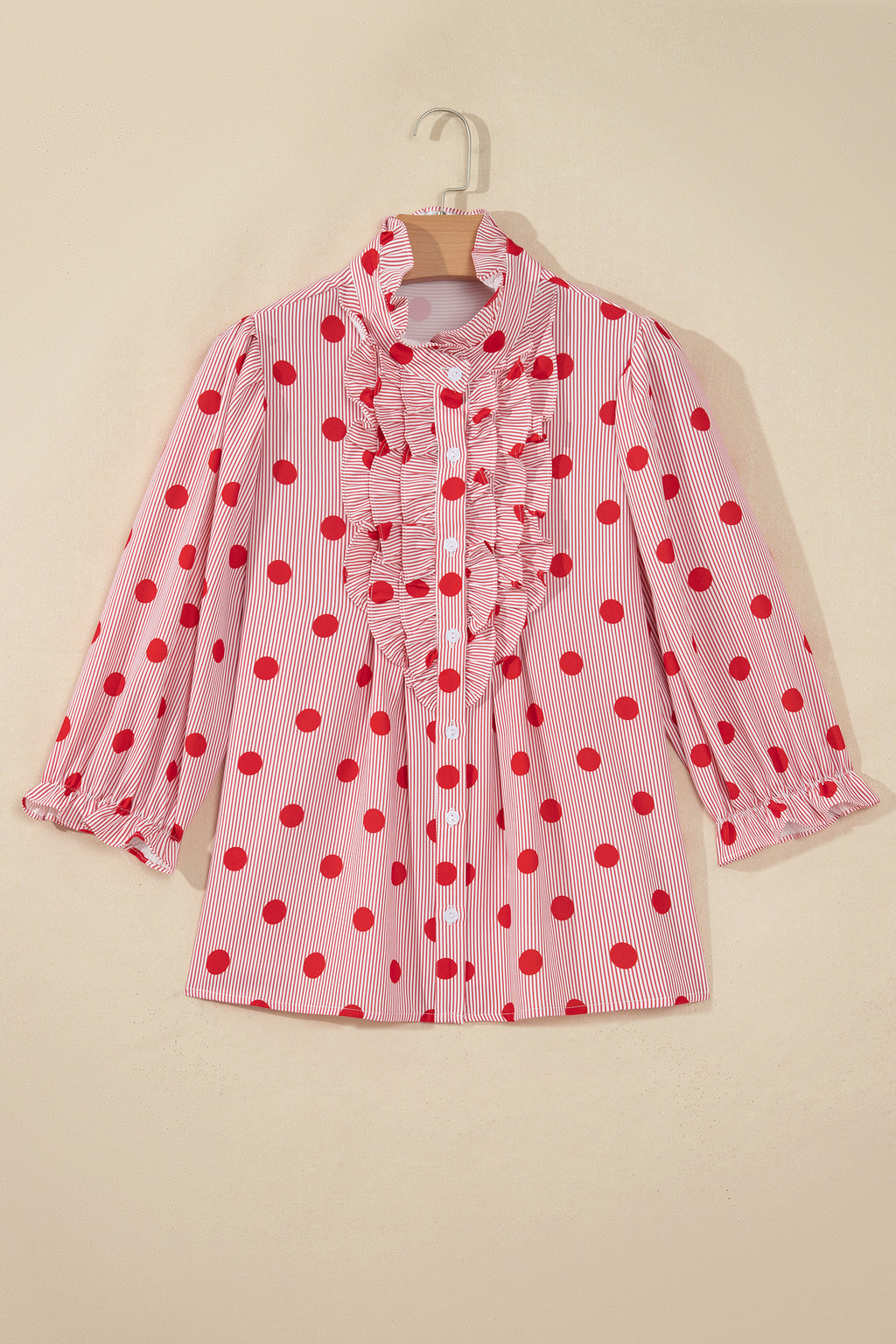 Fiery Red Polka Dot Striped Print Ruffle Stand Neck 3/4 Sleeve Shift Shirt