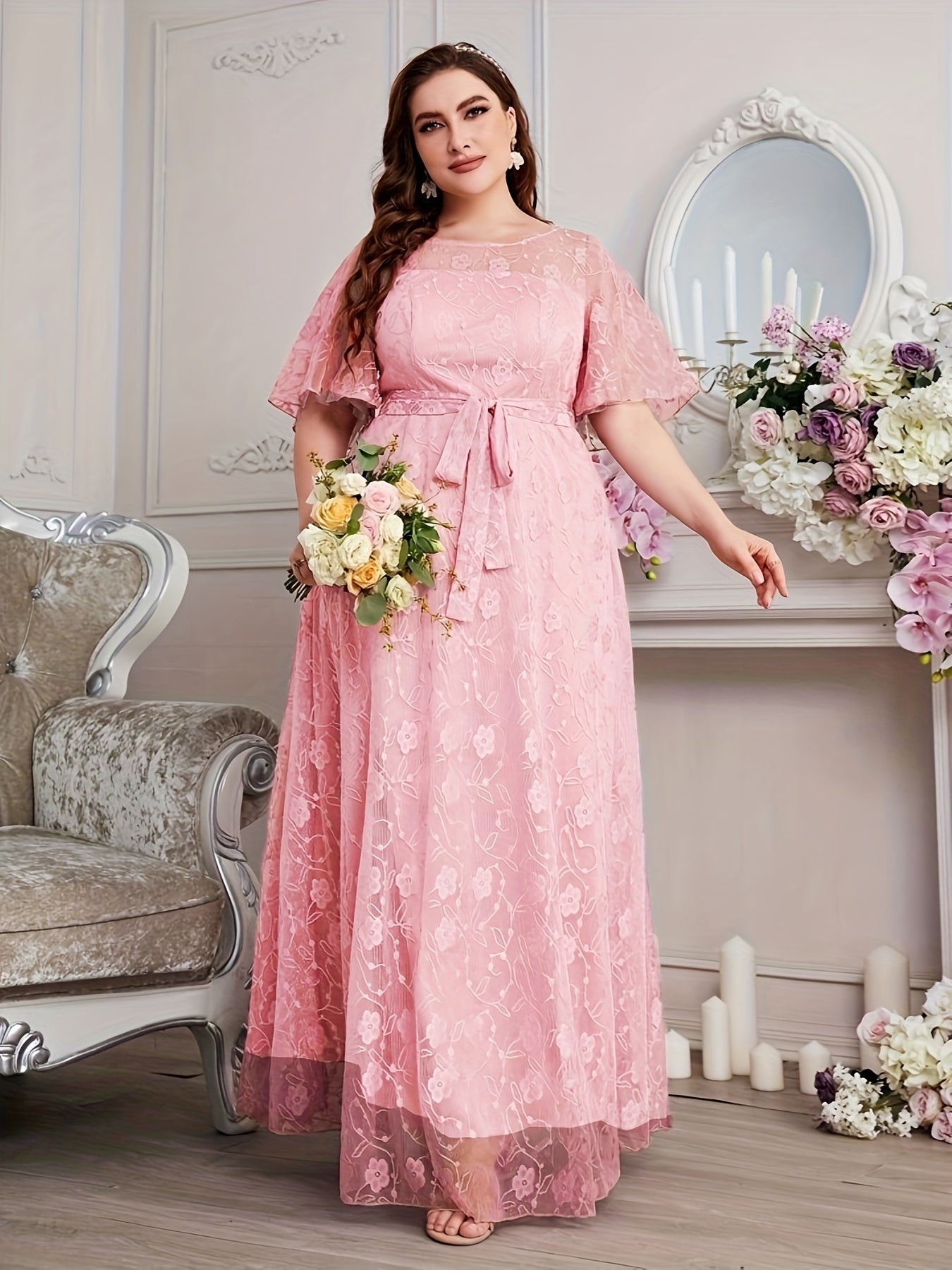 Elegant High Waist Lace Round Neck Half Flutter Sleeve Solid Color Formal Floor Length Dress