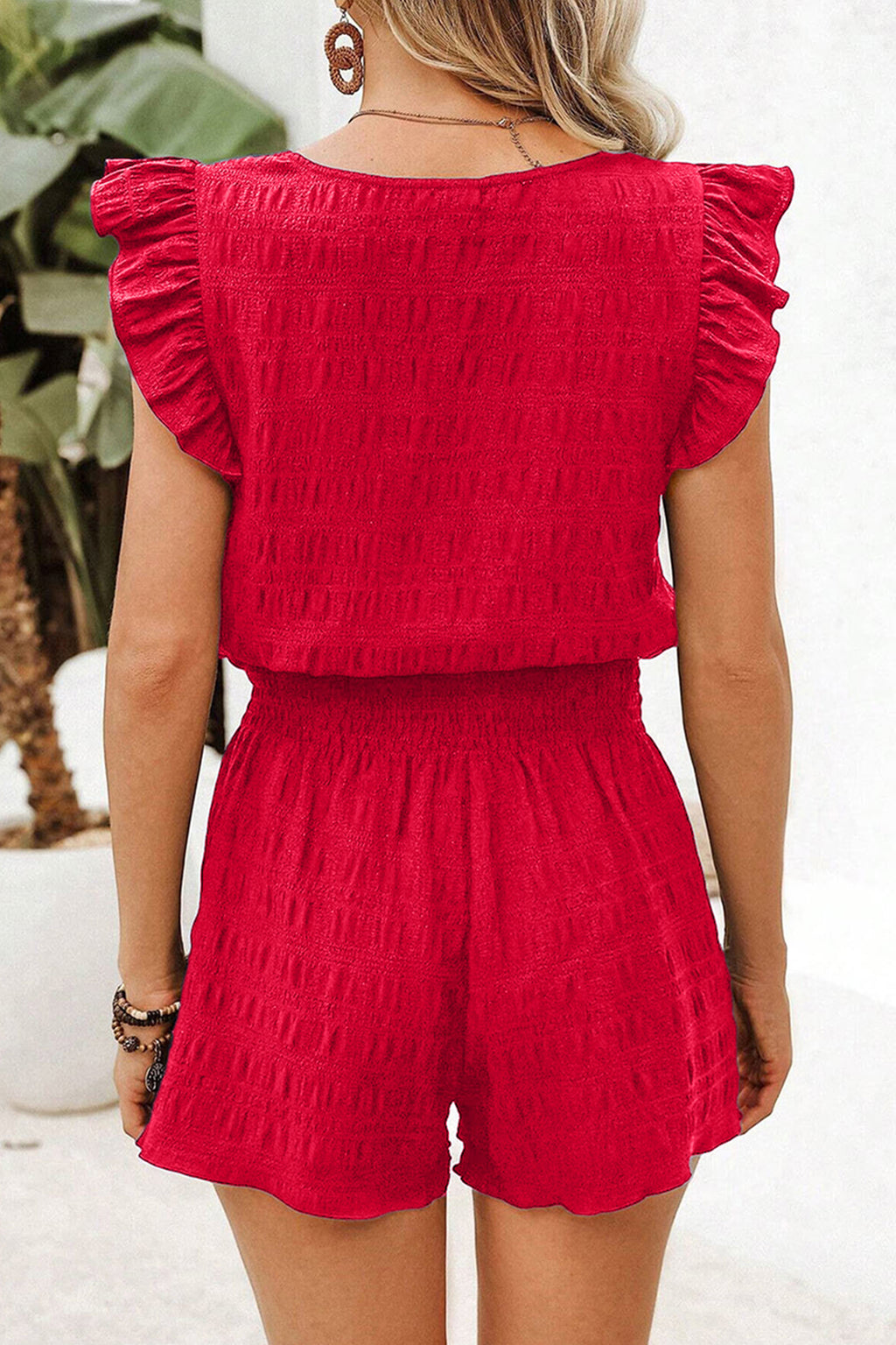 Textured Flutter Sleeve Shorts Set – Square Neck Top & Shirred High Waist Shorts Dear-Lover Dropshipping Two Piece Sets/Short Sets