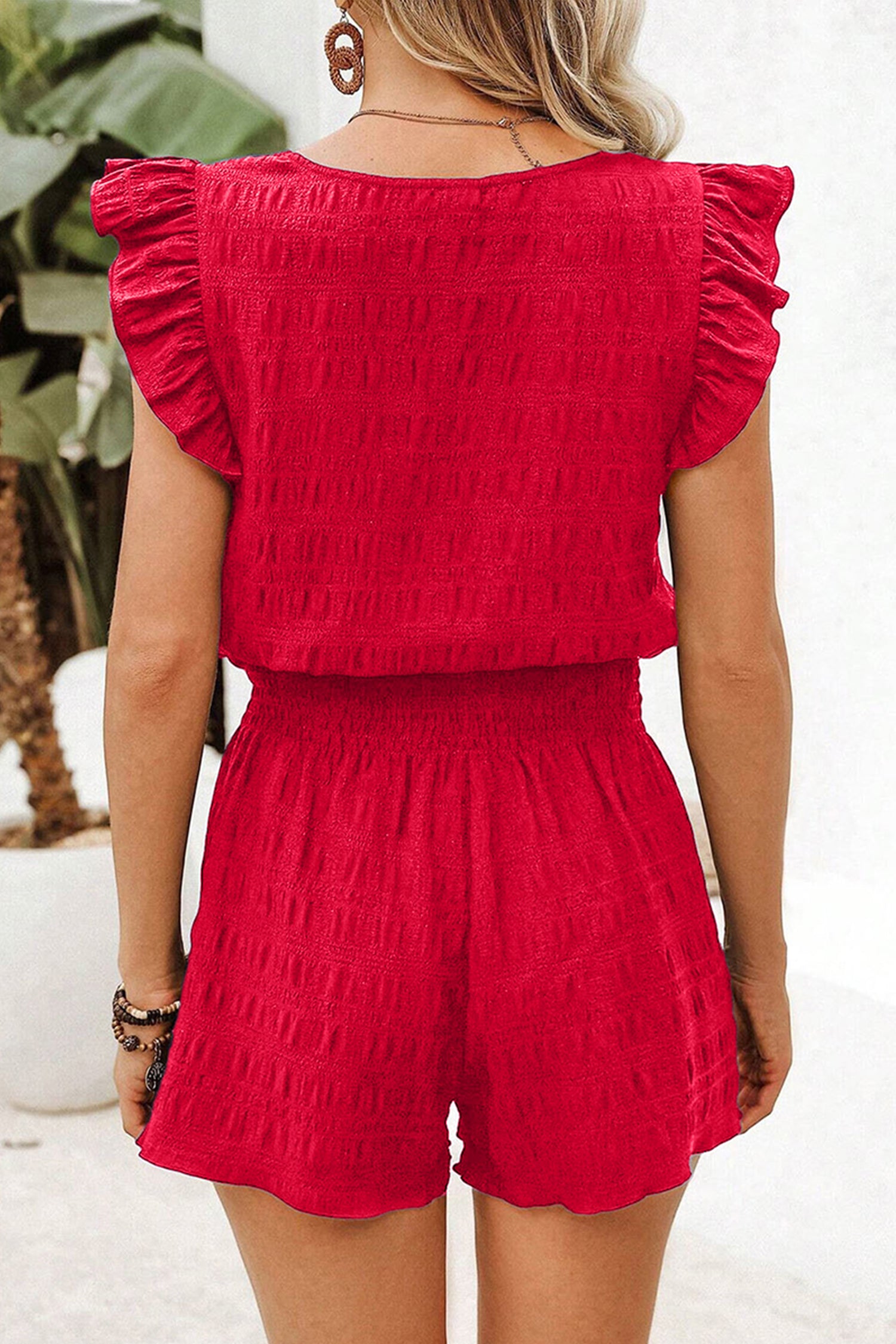 Textured Flutter Sleeve Shorts Set – Square Neck Top & Shirred High Waist Shorts Dear-Lover Dropshipping Two Piece Sets/Short Sets