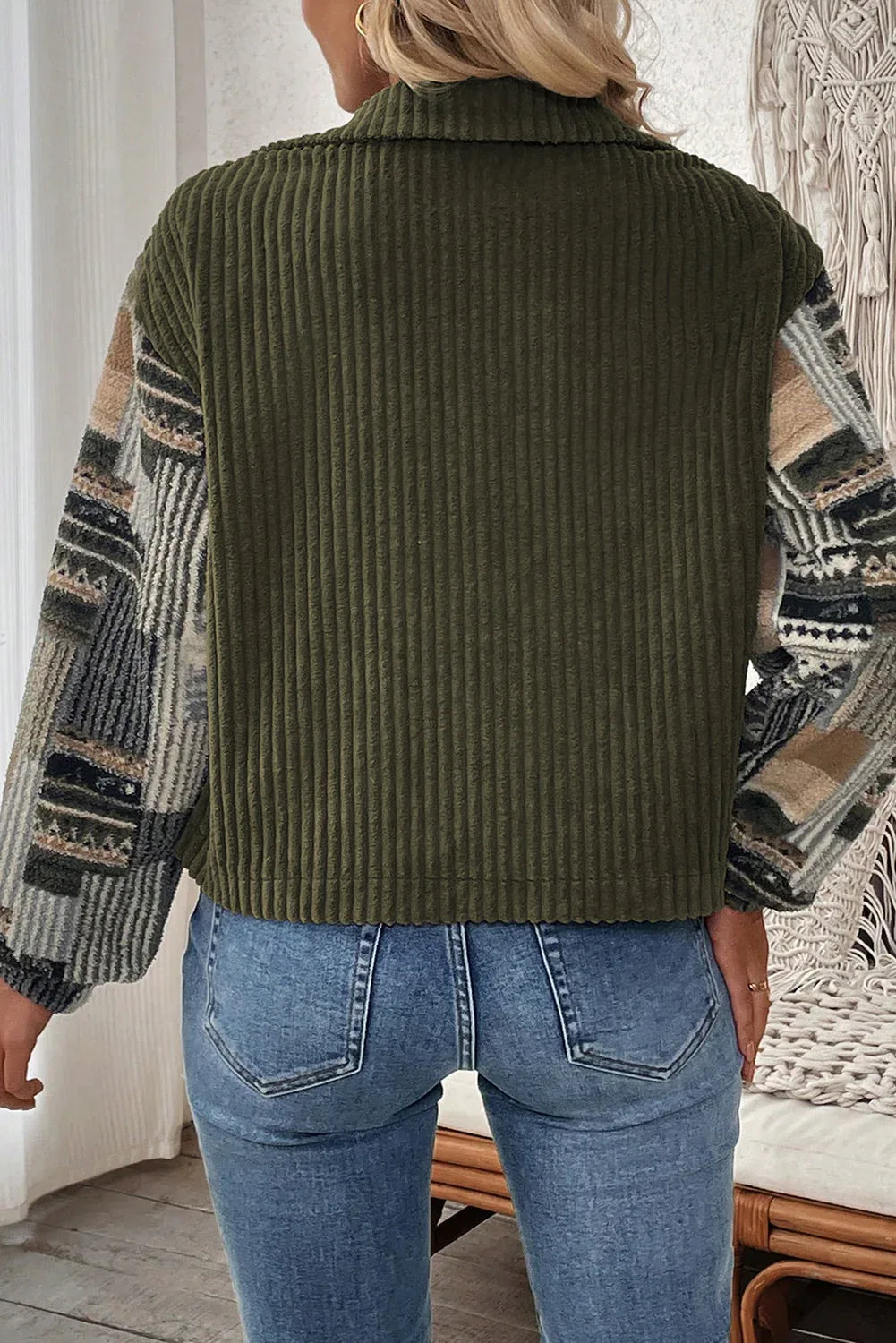 Army Green Ribbed Fleece Plaid Patchwork Button Up Jacket