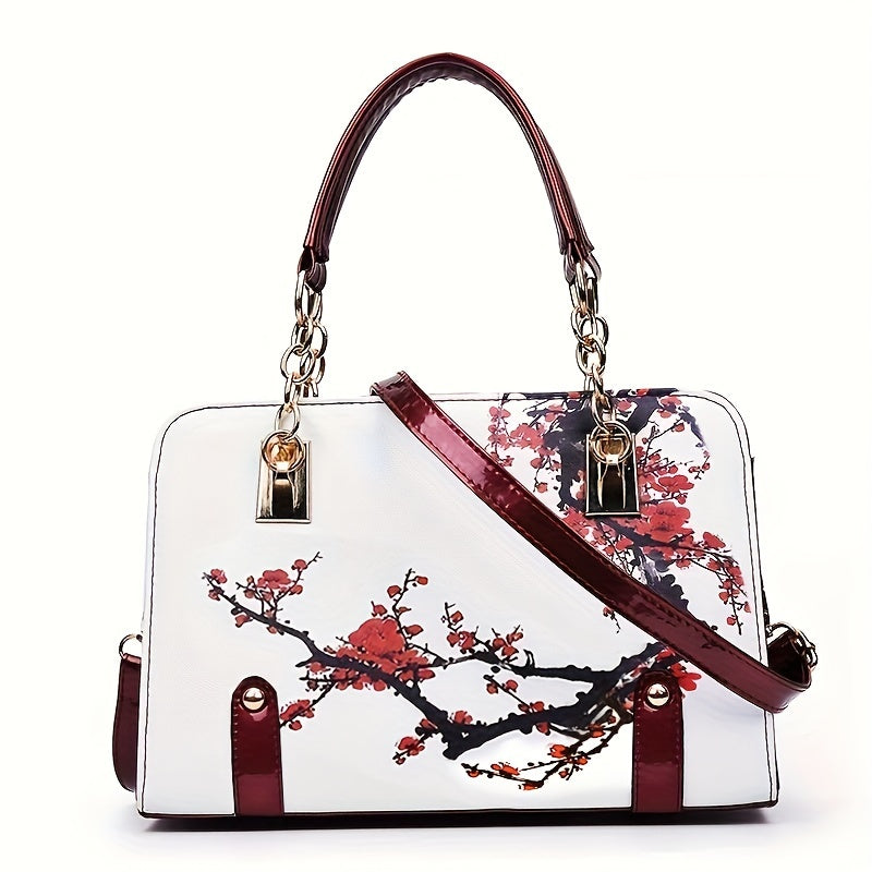 White Red Floral Print Satchel Crossbody Handbag