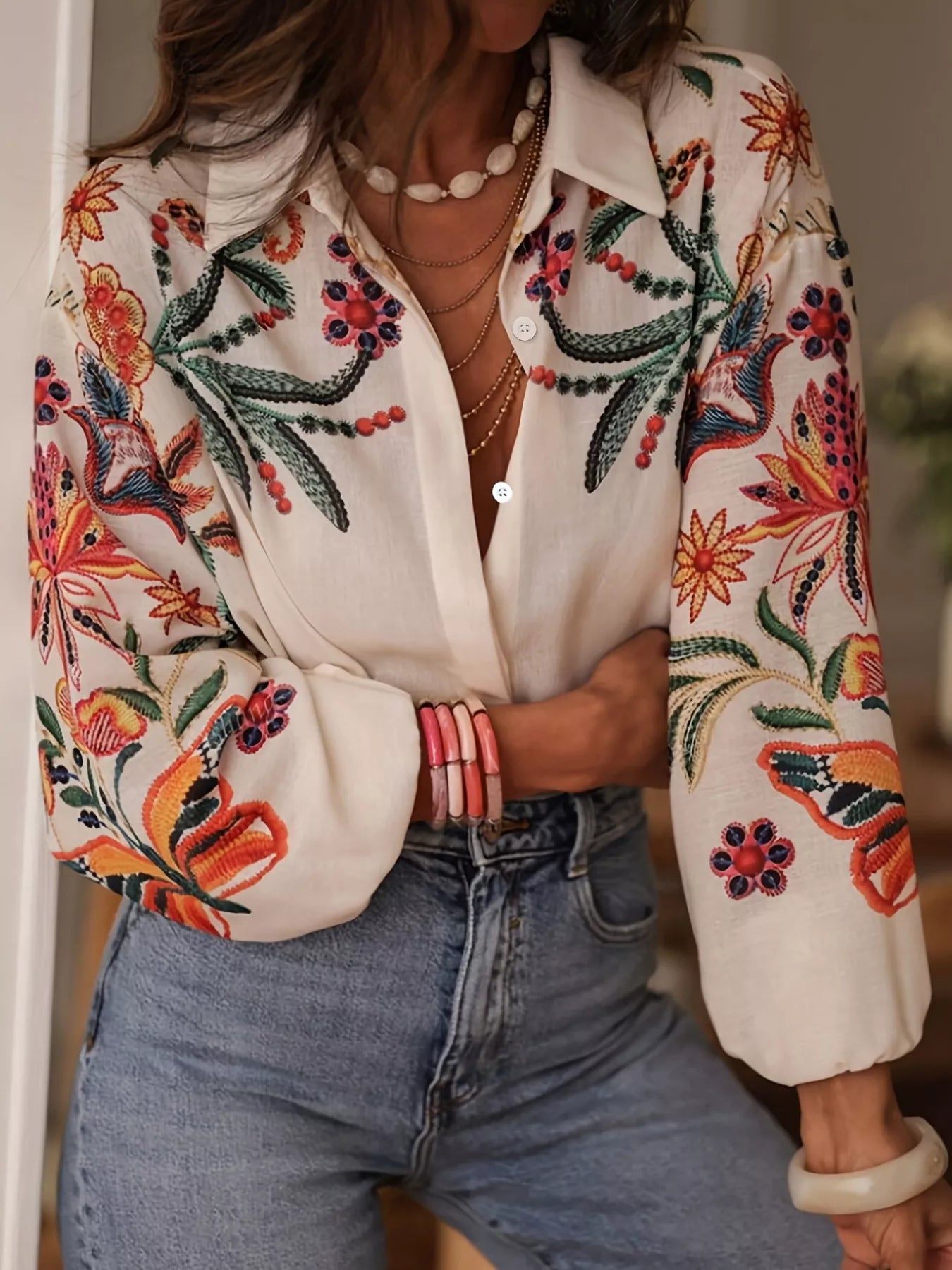 Embroidered Floral Button Up Long Sleeve Shirt Beige Bazaare Mart Floral Button Up Long Sleeve Shirt