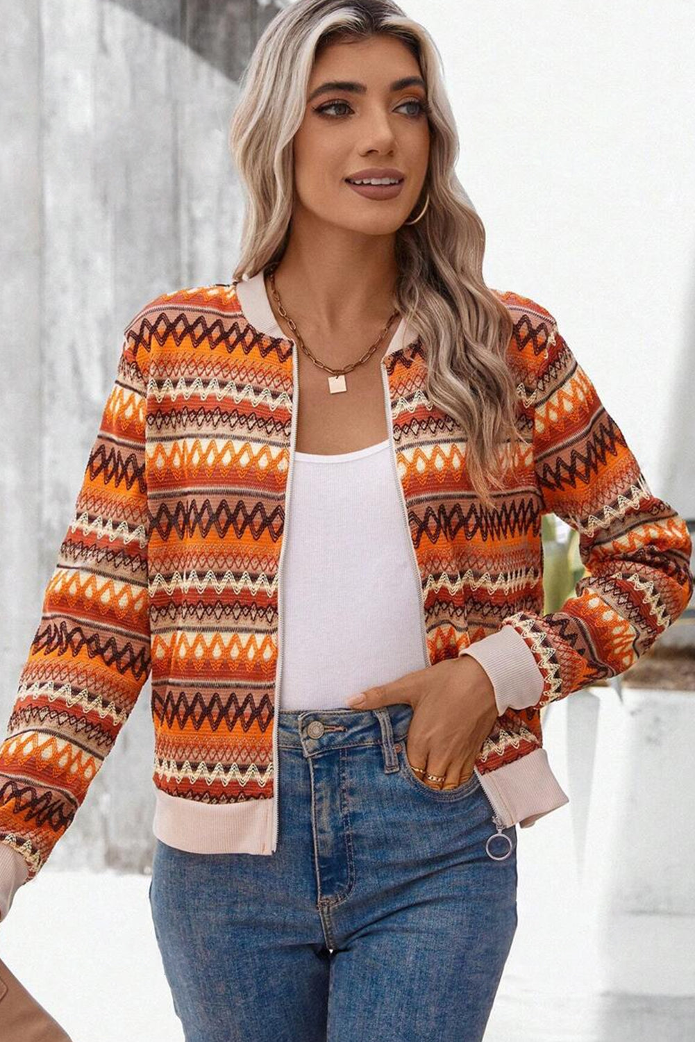 Orange Boho Striped Zip Up Jacket