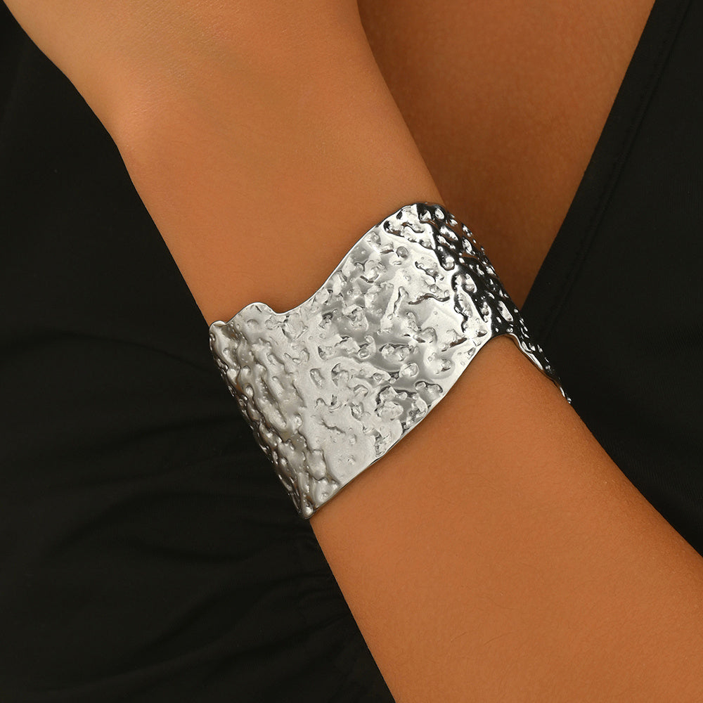 Wide Stainless Steel Artisan Hammered Bracelet