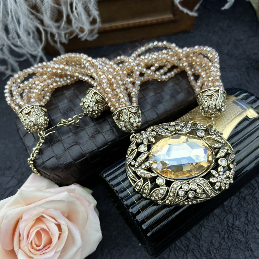 Vintage Giant Rhinestone Inlaid Multi Strand Pearl Necklace