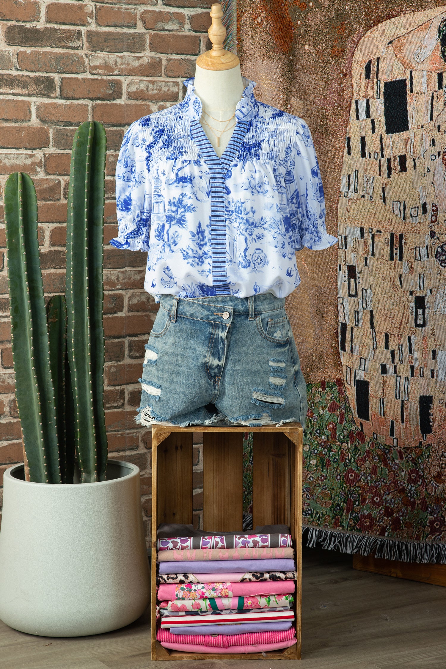 Blue Toile Print Smocked Puff Sleeve Blouse Dear-Lover Dropshipping Tops/Blouses & Shirts