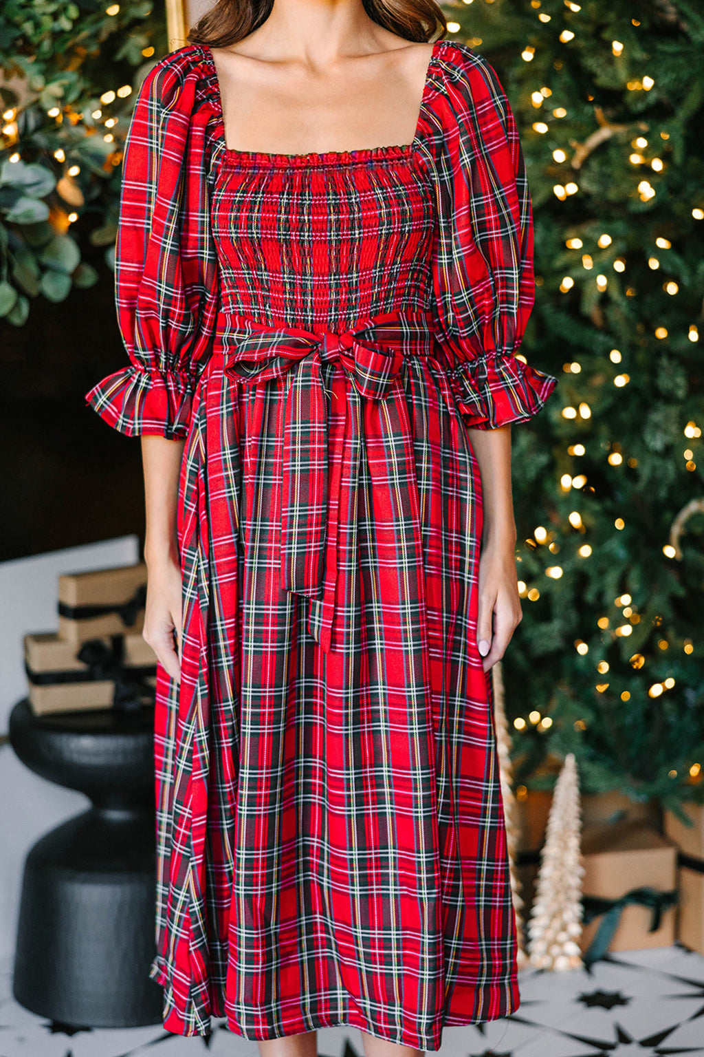 Tartan Plaid Square Neck Puff Sleeve Flared Midi Dress Bazaarre Mart Dresses/Maxi Dresses