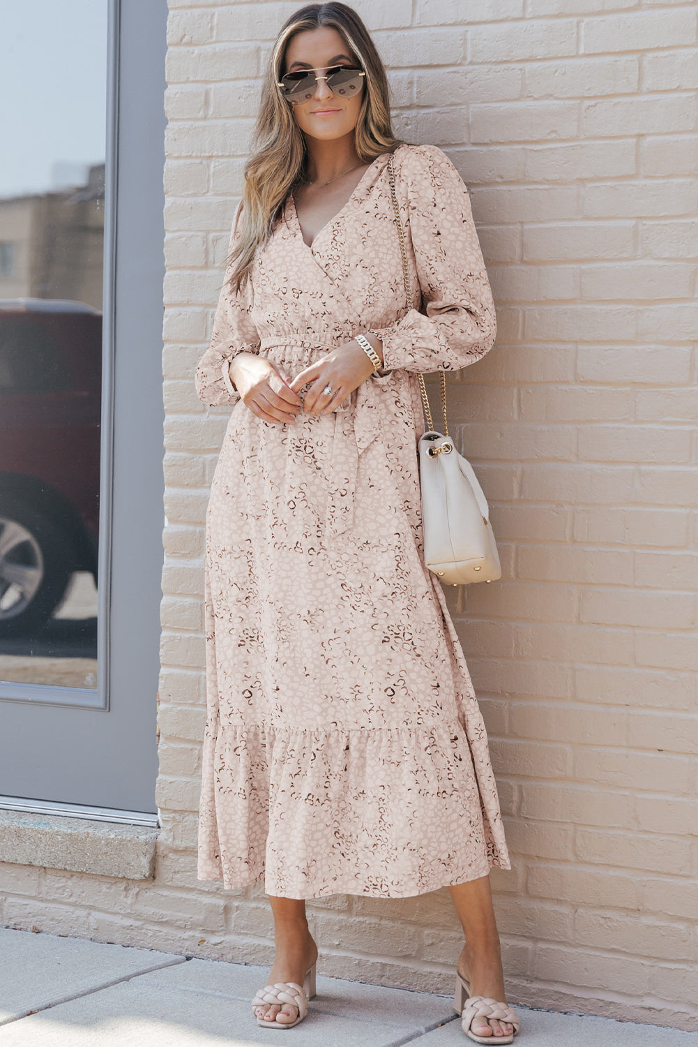 Leopard Long Sleeve Maxi Dress with Sash