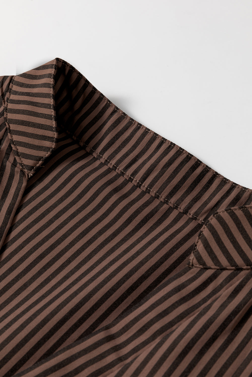 Brown Stripe V Neck Roll Up Sleeve Shirt