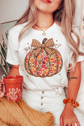 White Floral Pumpkin Gingham Bow Graphic T-Shirt